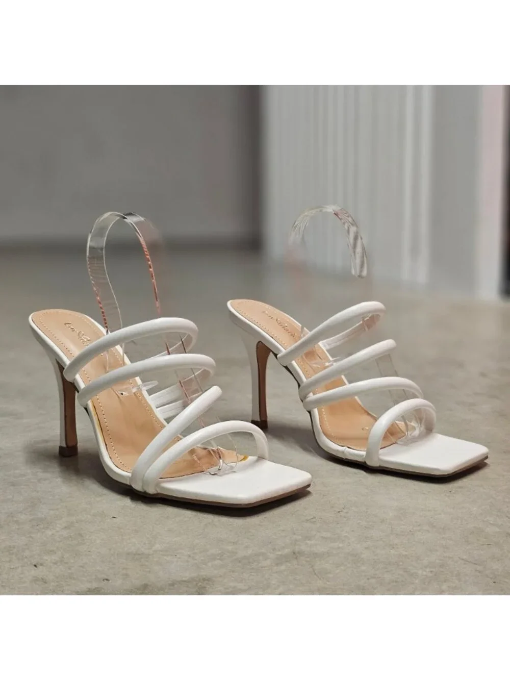 Strappy White High Heel Sandals With Square Toe Strap Elegant Style For Women